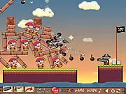 Loose Cannon game screenshot showing a pirate character standing next to a large cannon, aiming a shot to solve a physics-based puzzle.