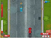 Screenshot of Crazy Trucker Rush game showing a large truck speeding down a road while dodging multiple smaller cars in a top-down view