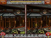 Screenshot of Differences in China Town game showing two nearly identical pictures of a busy street with colorful lanterns, with circles highlighting a difference. Free online spot the difference puzzle.