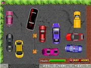 Screenshot of Unblock Police Cars free online game, a logic puzzle showing a police car blocked by other vehicles in a parking lot