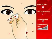 Screenshot of Acne Panic online game showing a patient's face with several red pimples that need ointment applied.