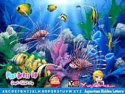 Aquarium Hidden Letters game screen, finding letters hidden in a fish tank, play free hidden object game online