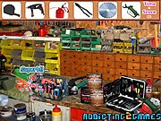 Workshop Tool Room Hidden Objects game screen, finding tools in a messy room, play free hidden object game online
