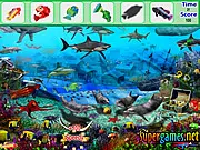 Underwater Fish Hidden Object game screen, finding hidden fish camouflaged among coral, play free online puzzle game