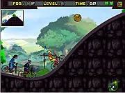 Avatar BMX Racing gameplay screenshot showing Aang and friends on bikes racing through a track. Play free online bike game on PlayArcadeHub.