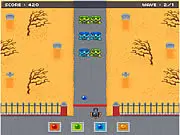 Screenshot of Zombowling online game showing colored bowling balls being shot at a mass of balls above a line of cartoon zombies.
