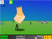 Screenshot from God's Playingfield showing a giant fist descending from the sky toward a small town with running citizens.