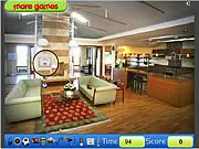 Screenshot of Modern House Hidden Objects game showing a living room with a list of items to find.