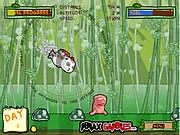 Higgs the panda using a jetpack after being launched from a cannon in the free online game Jetpack Panda