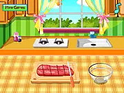 Screenshot of the Lamb and Barley Risotto cooking game showing a pot on the stove with creamy barley and pieces of brown lamb meat being stirred.