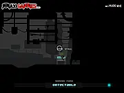 Screenshot of Shady Tactics stealth puzzle game showing a character near a terminal avoiding moving light rays/lasers, PlayArcadeHub