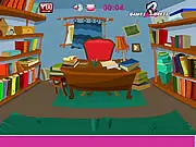 Screenshot of Book Room Escape free online game showing a room filled with bookcases, desks, and a mystery puzzle