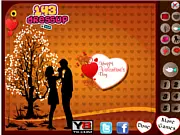 Screenshot of the Valentines Card Design game interface showing a half-finished romantic greeting card with hearts, flowers, and decorative borders.