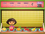Playing Dora's Food Serving, the fast-paced free online game where you must quickly serve food to a moving Dora character.