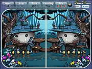 Screenshot of Fantasy House Spot the Difference game, showing two whimsical, brightly colored pictures of a magical house side-by-side. Free online difference finding game.