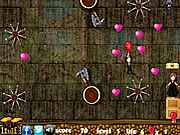 Romeo Rescue Juliet free online game screenshot, showing Romeo jumping over sharp spinning devices to save Juliet from a spider