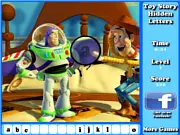Toy Story Hidden Letters free online game screenshot, finding letters in the Toy Story movie scene on PlayArcadeHub
