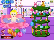 Cute baby playing with bubbles and toys during bath time in the Baby Bath and Dress Up online game