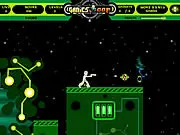Ben 10 Gadgets game screenshot showing the hero shooting a blaster at an alien enemy while reaching for a glowing gadget, free online shooter game