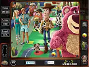 Toy Story 3 Hidden Objects free online game, finding hidden items in a scene featuring Woody and Buzz Lightyear on PlayArcadeHub