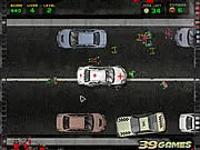 Gameplay screenshot of Zombie Drive showing a car speeding down a road while the driver shoots at a large group of zombies. Free online car combat and shooting game.