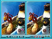 Surf's Up Spot the Difference game screenshot, animated penguins surfing, find 6 differences free online game