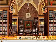 Screenshot of Library Hidden Object game showing a cluttered library scene with a list of items to find. Free online hidden object puzzle game.