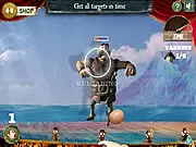 Screenshot of Land Lobber game with a cannon aiming a projectile at a group of pirates and their wooden structure.