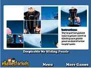 Despicable Me sliding puzzle game screen showing a scrambled image of Gru, Agnes, and Minions with one empty tile.