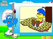 Playing Color The Smurfs, the free online coloring game where players choose from 10 Smurf pictures and decorate the scene with flowers and animals.