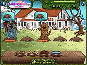 Screenshot of the Pampered Puppies game showing a player quickly providing a treat and a brush to two adorable cartoon puppies in a colorful dog care center.