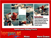 A partially solved Spiderman Sliding Puzzle showing the masked hero's image broken into squares that need to be reassembled by sliding them into the correct order.
