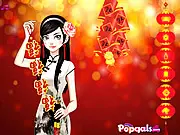 A female model wearing an elegant, vibrant red Qipao dress and elaborate hair accessories, ready to celebrate the Chinese Spring Festival in this online dress-up game.