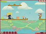 Screenshot of Tommy Slingshot action puzzle game, showing the hero aiming a powerful slingshot at enemy tribesmen