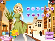 Screenshot from Shopping For Summer game showing a female character trying on a new brightly colored dress and sun hat