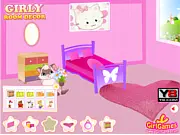 Girly Room Decor game screenshot showing a customizable room with various choices of furniture, wall colors, and decorative items. Play free online room design game.