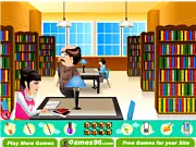 Student doing mischief during study time in the library, trying to avoid getting caught in the free online game Lazy in the Library