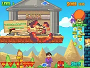 Screenshot of Gang Blast 2 online game showing a cannon aiming at several bandits positioned on precarious wooden structures, ready to be blasted away