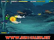 Ben 10 Sea Monster online game screenshot, Ben 10 alien fighting sharks and a boss in the deep sea