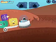 Critter Cargo game screenshot showing a space truck driving over a rocky hill with a tall, precarious stack of colorful, oddly-shaped alien critters on the flatbed