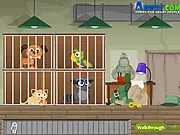 Raccoon's Break Out game screen showing a small, masked raccoon crouching near a cage lock, attempting to sneak past a patrolling zoo security guard