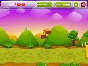 Screenshot of Pony Races online game showing a small brown pony jumping over a hurdle on a green race track with power-ups nearby