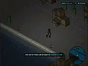 Screenshot of Stealth Hunter 2, showing a top-down view of a spy character hiding near a wall while a guard patrols nearby.