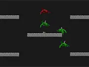 Dragon Riders game screen showing two riders on different colored dragons engaged in a mid-air battle over the clouds, with one dragon attempting to bump the other from a higher position.