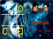 Twilight Tic Tac Toe game screen with Edward Cullen and Jacob Black characters facing off on a 3x3 Tic-Tac-Toe grid
