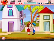 Girlfriend's First Kiss game screenshot, young boy and girl kissing outside a house while avoiding onlookers in a free online stealth game