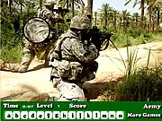 Army Hidden Letters online game screenshot, soldiers and war scene with hidden letters, free hidden object puzzle game