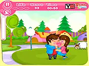 Screenshot of Chubby Kiss online game showing a boy and a girl kissing in a park while their friends look away.