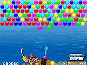 Pirates Bubbles game screenshot, pirate ship cannon shooting colored bubbles at a cluster, free online shooter game