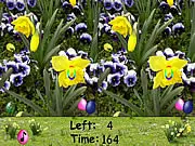 Screenshot from Happy Easter Differences game, showing two nearly identical pictures filled with Easter eggs, bunnies, and flowers, highlighting the spot-the-difference challenge.